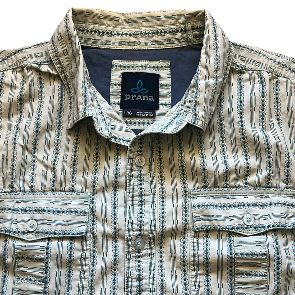 Prana Men Large Button Up Short Sleeve Light Blue Stripes Shirt Style M1TORR115